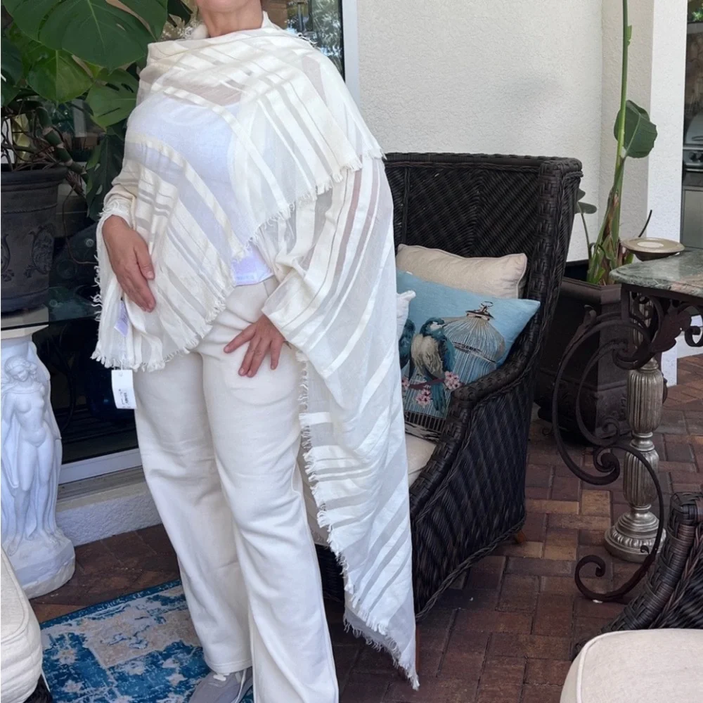 VINCE Large PASHMINA SCARF sheer stripe  cotton modal cashmere LIGHT Ivory
